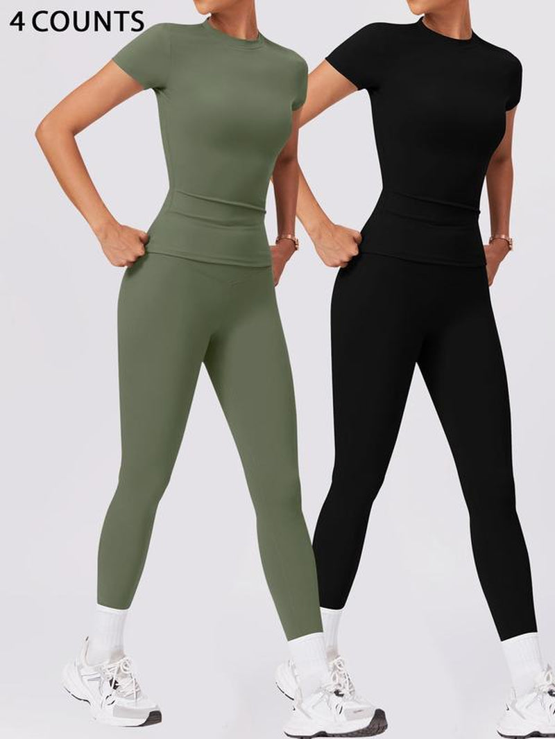 Two-Piece Set Women'S Solid round Neck Tee & High Waist Leggings Tracksuit Set, Sporty Breathable Quick Drying Outfits for Yoga Gym Workout Running Cycling, Ladies Sportswear for All Seasons, Gym Wear