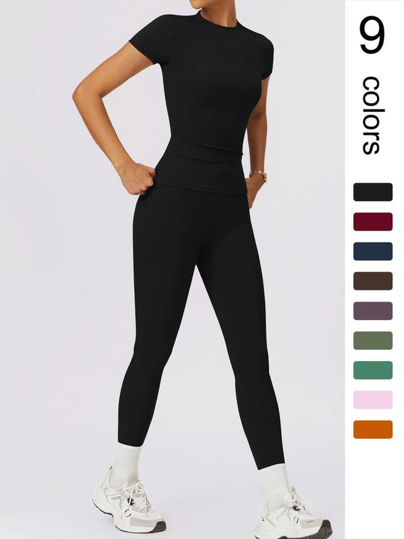 Two-Piece Set Women'S Solid round Neck Tee & High Waist Leggings Tracksuit Set, Sporty Breathable Quick Drying Outfits for Yoga Gym Workout Running Cycling, Ladies Sportswear for All Seasons, Gym Wear