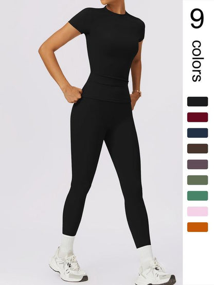 Two-Piece Set Women'S Solid round Neck Tee & High Waist Leggings Tracksuit Set, Sporty Breathable Quick Drying Outfits for Yoga Gym Workout Running Cycling, Ladies Sportswear for All Seasons, Gym Wear