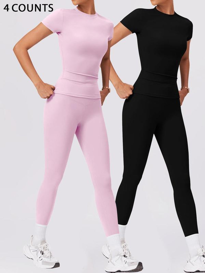 Two-Piece Set Women'S Solid round Neck Tee & High Waist Leggings Tracksuit Set, Sporty Breathable Quick Drying Outfits for Yoga Gym Workout Running Cycling, Ladies Sportswear for All Seasons, Gym Wear