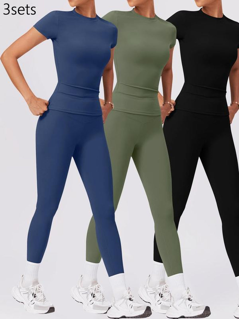 Two-Piece Set Women'S Solid round Neck Tee & High Waist Leggings Tracksuit Set, Sporty Breathable Quick Drying Outfits for Yoga Gym Workout Running Cycling, Ladies Sportswear for All Seasons, Gym Wear