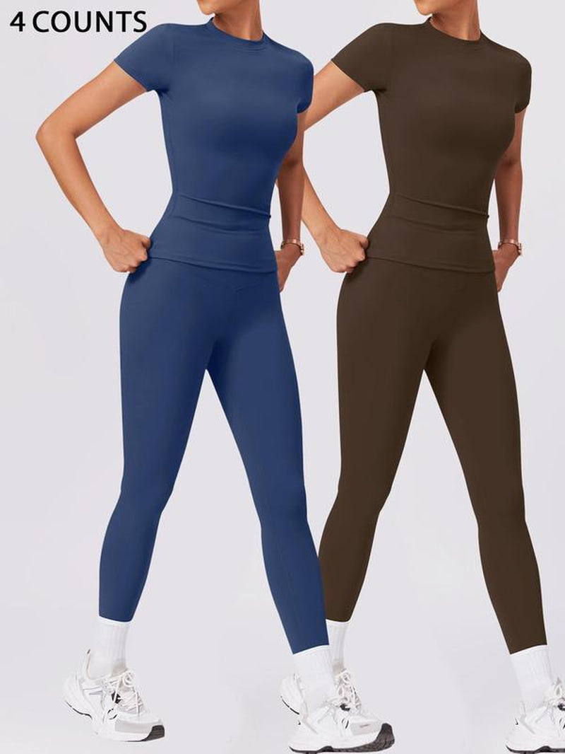Two-Piece Set Women'S Solid round Neck Tee & High Waist Leggings Tracksuit Set, Sporty Breathable Quick Drying Outfits for Yoga Gym Workout Running Cycling, Ladies Sportswear for All Seasons, Gym Wear