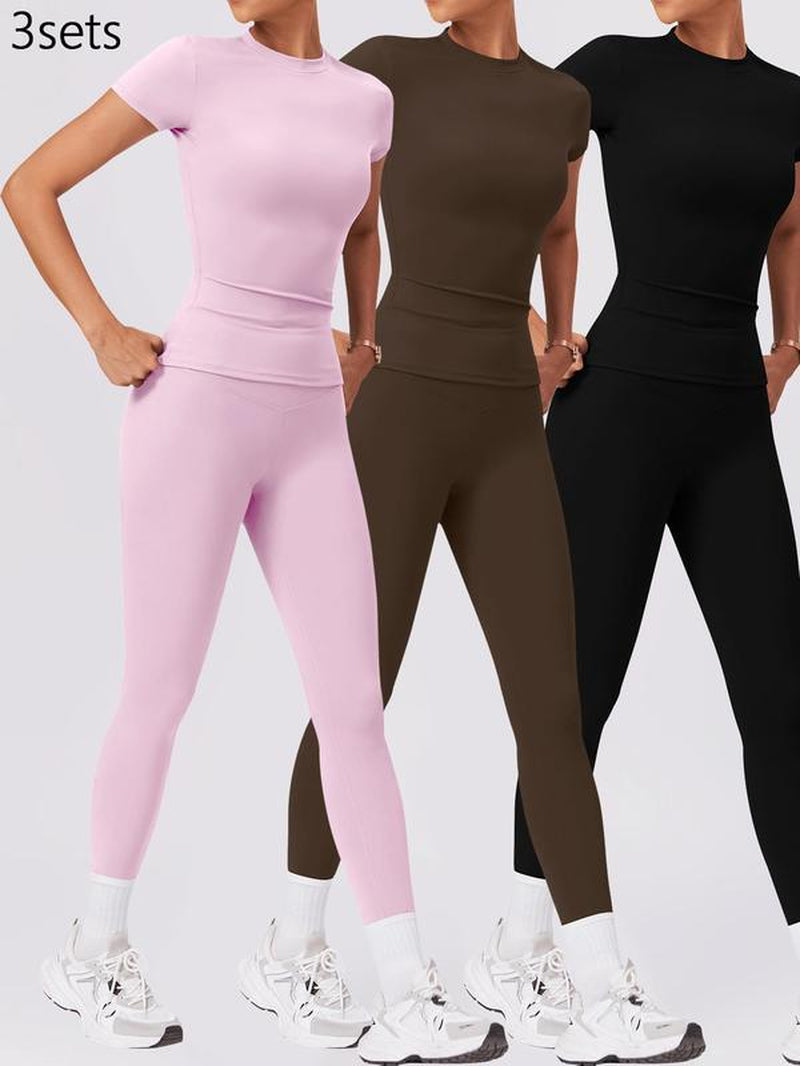 Two-Piece Set Women'S Solid round Neck Tee & High Waist Leggings Tracksuit Set, Sporty Breathable Quick Drying Outfits for Yoga Gym Workout Running Cycling, Ladies Sportswear for All Seasons, Gym Wear