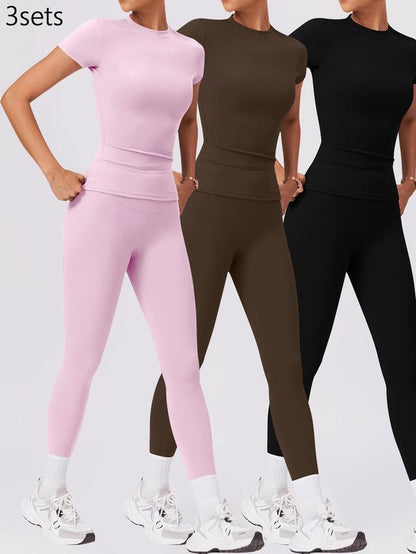 Two-Piece Set Women'S Solid round Neck Tee & High Waist Leggings Tracksuit Set, Sporty Breathable Quick Drying Outfits for Yoga Gym Workout Running Cycling, Ladies Sportswear for All Seasons, Gym Wear