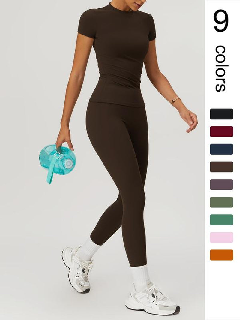 Two-Piece Set Women'S Solid round Neck Tee & High Waist Leggings Tracksuit Set, Sporty Breathable Quick Drying Outfits for Yoga Gym Workout Running Cycling, Ladies Sportswear for All Seasons, Gym Wear