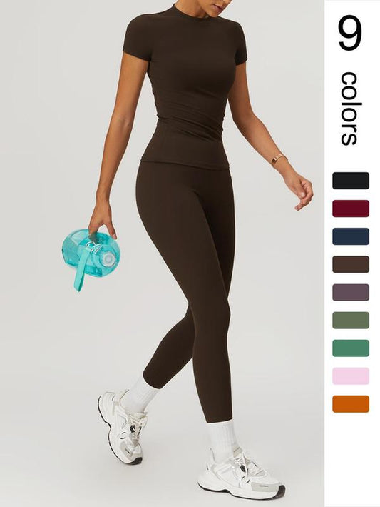 Two-Piece Set Women'S Solid round Neck Tee & High Waist Leggings Tracksuit Set, Sporty Breathable Quick Drying Outfits for Yoga Gym Workout Running Cycling, Ladies Sportswear for All Seasons, Gym Wear