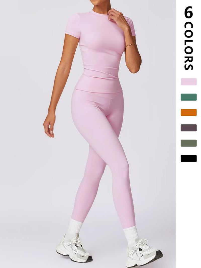 Two-Piece Set Women'S Solid round Neck Tee & High Waist Leggings Tracksuit Set, Sporty Breathable Quick Drying Outfits for Yoga Gym Workout Running Cycling, Ladies Sportswear for All Seasons, Gym Wear