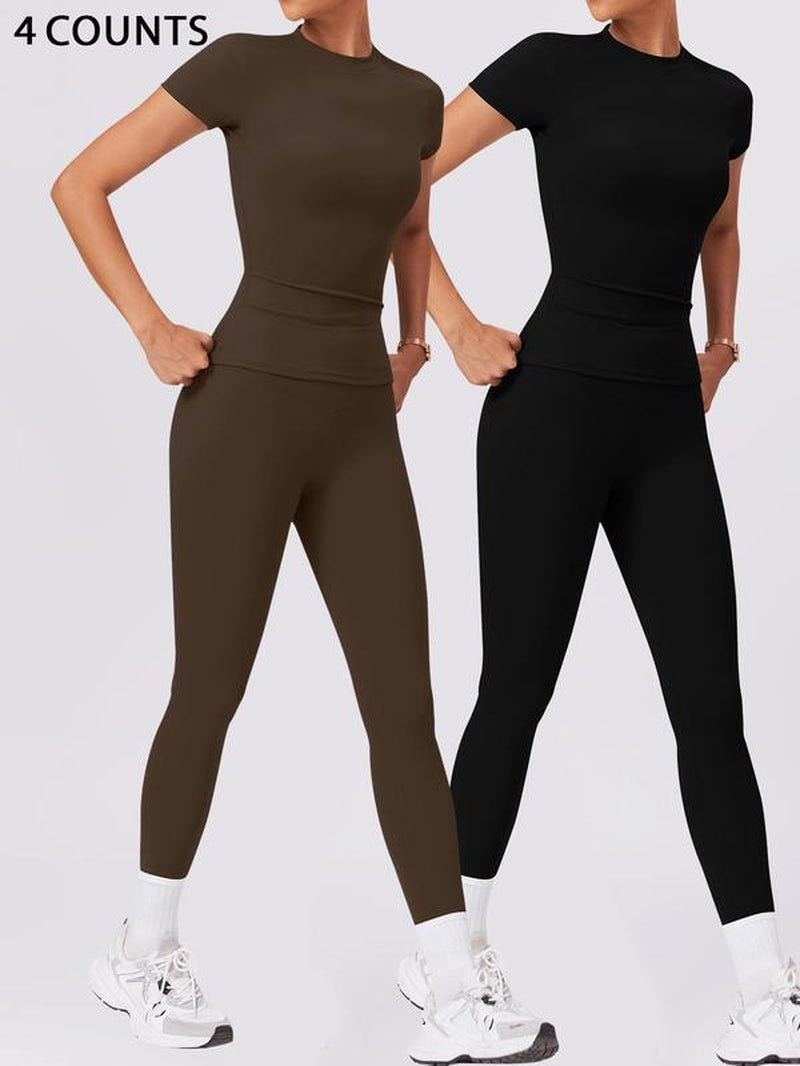 Two-Piece Set Women'S Solid round Neck Tee & High Waist Leggings Tracksuit Set, Sporty Breathable Quick Drying Outfits for Yoga Gym Workout Running Cycling, Ladies Sportswear for All Seasons, Gym Wear