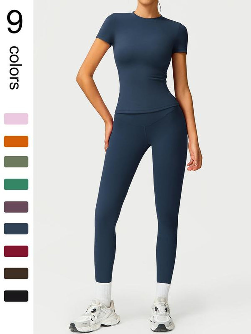 Two-Piece Set Women'S Solid round Neck Tee & High Waist Leggings Tracksuit Set, Sporty Breathable Quick Drying Outfits for Yoga Gym Workout Running Cycling, Ladies Sportswear for All Seasons, Gym Wear