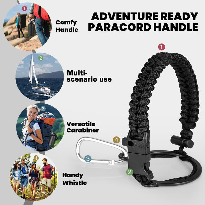Paracord Handle - Fits Wide Mouth Water Bottles - Durable Carrier, Secure Accessories, Survival Strap Cord, Safety Ring, and Carabiner - Seven Core Paracord Bracelet