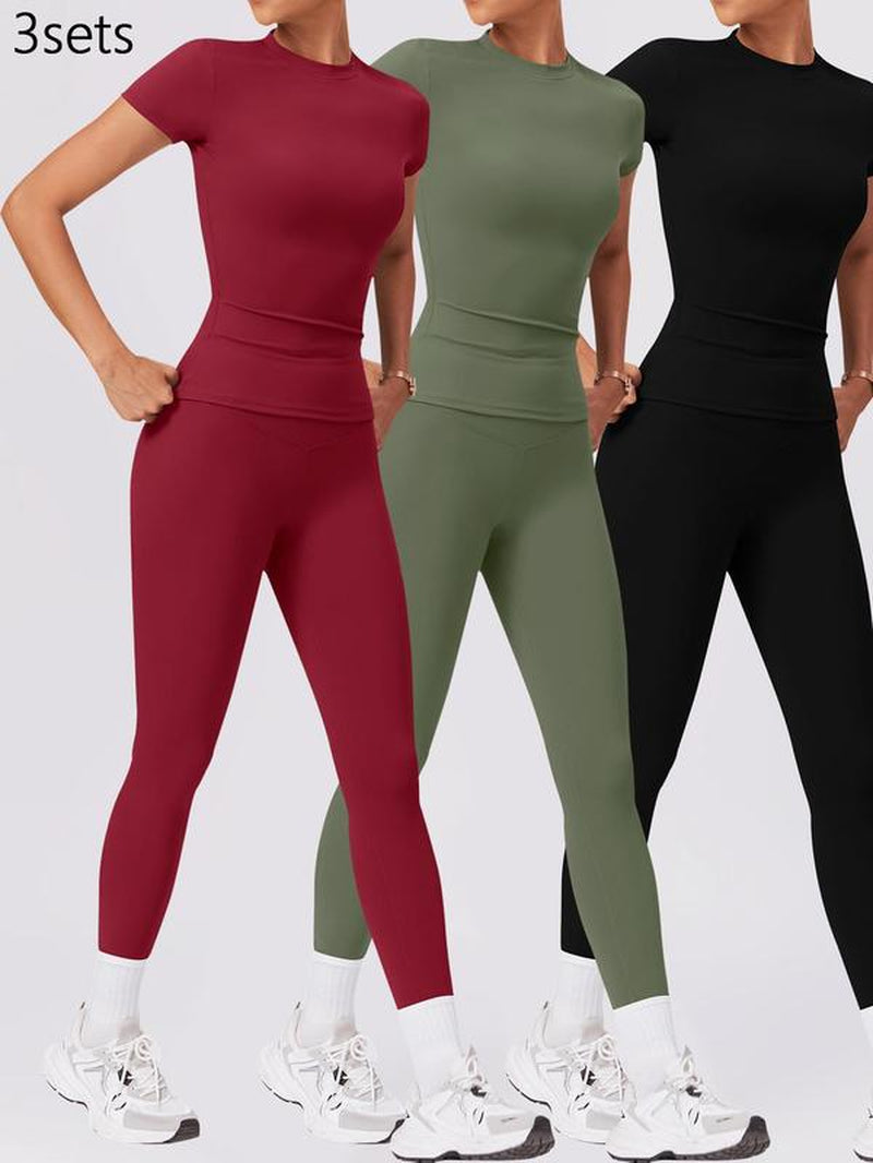 Two-Piece Set Women'S Solid round Neck Tee & High Waist Leggings Tracksuit Set, Sporty Breathable Quick Drying Outfits for Yoga Gym Workout Running Cycling, Ladies Sportswear for All Seasons, Gym Wear