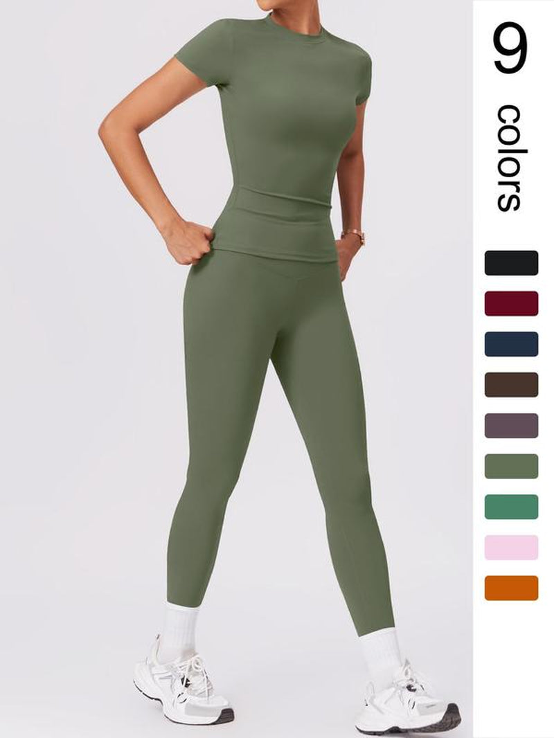 Two-Piece Set Women'S Solid round Neck Tee & High Waist Leggings Tracksuit Set, Sporty Breathable Quick Drying Outfits for Yoga Gym Workout Running Cycling, Ladies Sportswear for All Seasons, Gym Wear