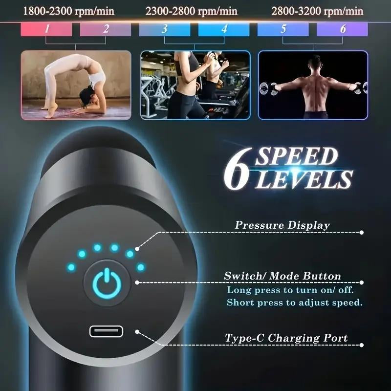 Home Portable USB Rechargeable 7-Speed Body Massage Gun, Adjustable Multifunctional Body Fascia Gun, Comfortable, Neck Massager, Black, Deep Tissue Impact Electric Back Massager; 4 Replaceable Massage Heads; Ultra Quiet Brushless Motor