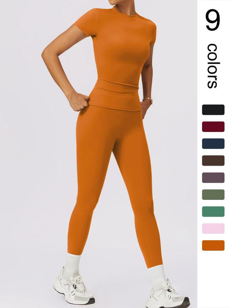Two-Piece Set Women'S Solid round Neck Tee & High Waist Leggings Tracksuit Set, Sporty Breathable Quick Drying Outfits for Yoga Gym Workout Running Cycling, Ladies Sportswear for All Seasons, Gym Wear