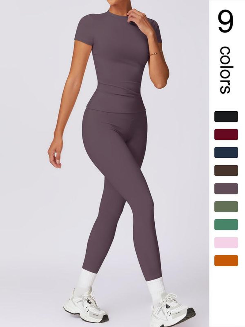 Two-Piece Set Women'S Solid round Neck Tee & High Waist Leggings Tracksuit Set, Sporty Breathable Quick Drying Outfits for Yoga Gym Workout Running Cycling, Ladies Sportswear for All Seasons, Gym Wear