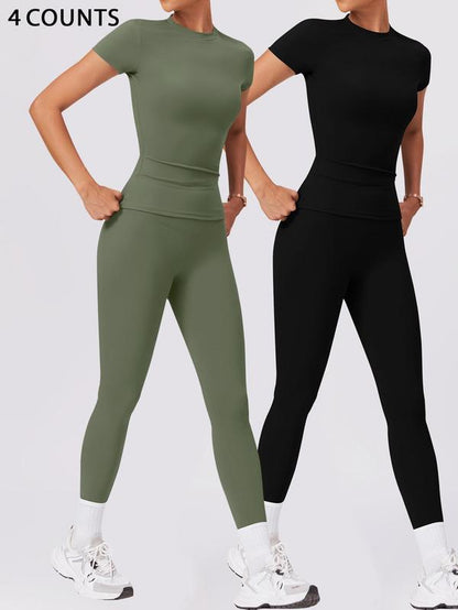 Two-Piece Set Women'S Solid round Neck Tee & High Waist Leggings Tracksuit Set, Sporty Breathable Quick Drying Outfits for Yoga Gym Workout Running Cycling, Ladies Sportswear for All Seasons, Gym Wear