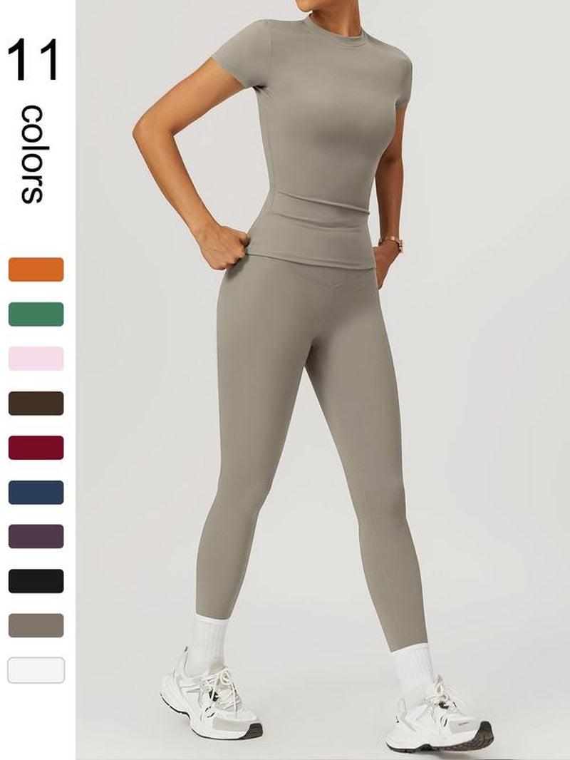 Two-Piece Set Women'S Solid round Neck Tee & High Waist Leggings Tracksuit Set, Sporty Breathable Quick Drying Outfits for Yoga Gym Workout Running Cycling, Ladies Sportswear for All Seasons, Gym Wear