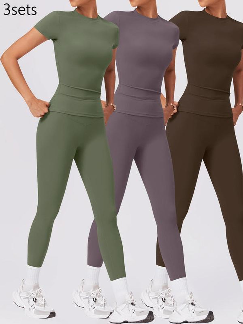 Two-Piece Set Women'S Solid round Neck Tee & High Waist Leggings Tracksuit Set, Sporty Breathable Quick Drying Outfits for Yoga Gym Workout Running Cycling, Ladies Sportswear for All Seasons, Gym Wear
