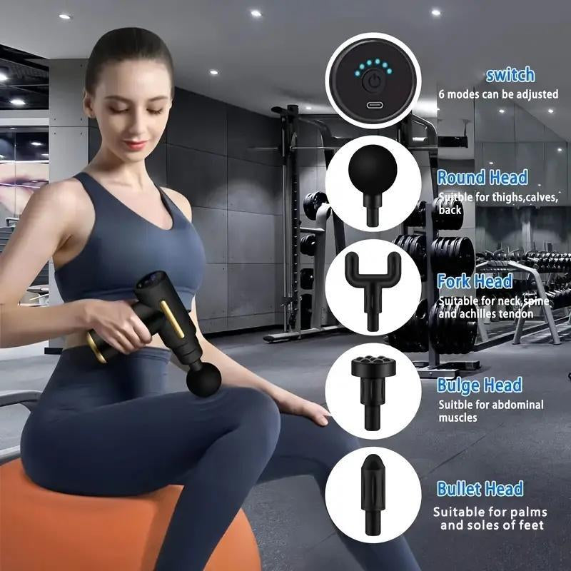 Home Portable USB Rechargeable 7-Speed Body Massage Gun, Adjustable Multifunctional Body Fascia Gun, Comfortable, Neck Massager, Black, Deep Tissue Impact Electric Back Massager; 4 Replaceable Massage Heads; Ultra Quiet Brushless Motor