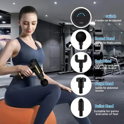 Home Portable USB Rechargeable 7-Speed Body Massage Gun, Adjustable Multifunctional Body Fascia Gun, Comfortable, Neck Massager, Black, Deep Tissue Impact Electric Back Massager; 4 Replaceable Massage Heads; Ultra Quiet Brushless Motor