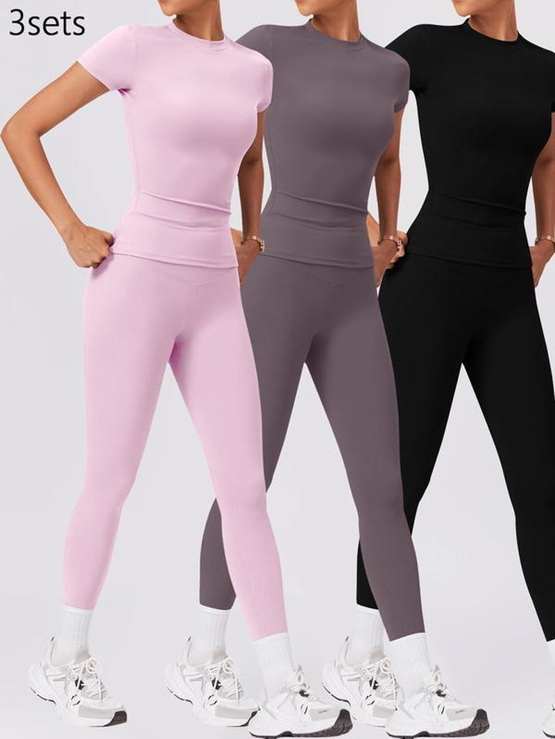 Two-Piece Set Women'S Solid round Neck Tee & High Waist Leggings Tracksuit Set, Sporty Breathable Quick Drying Outfits for Yoga Gym Workout Running Cycling, Ladies Sportswear for All Seasons, Gym Wear