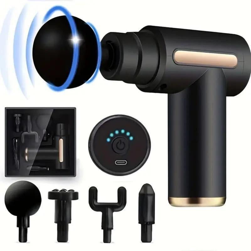Home Portable USB Rechargeable 7-Speed Body Massage Gun, Adjustable Multifunctional Body Fascia Gun, Comfortable, Neck Massager, Black, Deep Tissue Impact Electric Back Massager; 4 Replaceable Massage Heads; Ultra Quiet Brushless Motor