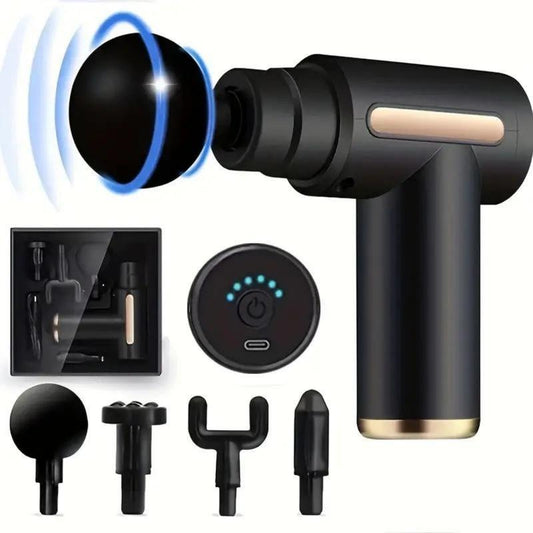 Home Portable USB Rechargeable 7-Speed Body Massage Gun, Adjustable Multifunctional Body Fascia Gun, Comfortable, Neck Massager, Black, Deep Tissue Impact Electric Back Massager; 4 Replaceable Massage Heads; Ultra Quiet Brushless Motor