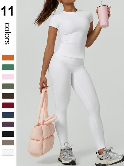 Two-Piece Set Women'S Solid round Neck Tee & High Waist Leggings Tracksuit Set, Sporty Breathable Quick Drying Outfits for Yoga Gym Workout Running Cycling, Ladies Sportswear for All Seasons, Gym Wear
