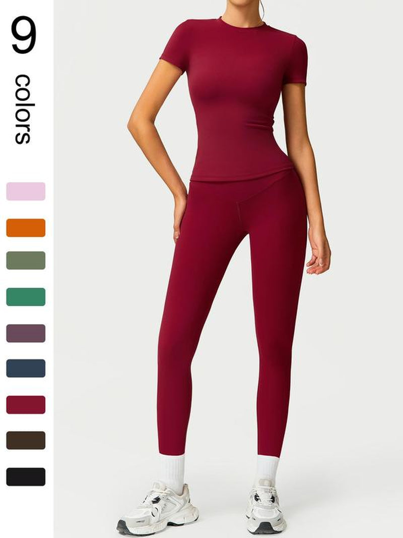 Two-Piece Set Women'S Solid round Neck Tee & High Waist Leggings Tracksuit Set, Sporty Breathable Quick Drying Outfits for Yoga Gym Workout Running Cycling, Ladies Sportswear for All Seasons, Gym Wear