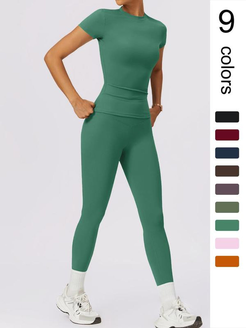 Two-Piece Set Women'S Solid round Neck Tee & High Waist Leggings Tracksuit Set, Sporty Breathable Quick Drying Outfits for Yoga Gym Workout Running Cycling, Ladies Sportswear for All Seasons, Gym Wear
