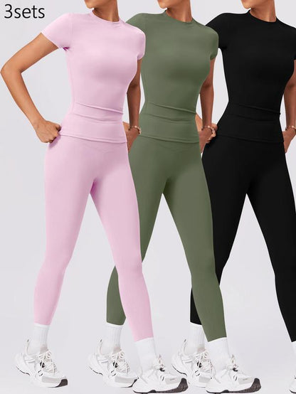 Two-Piece Set Women'S Solid round Neck Tee & High Waist Leggings Tracksuit Set, Sporty Breathable Quick Drying Outfits for Yoga Gym Workout Running Cycling, Ladies Sportswear for All Seasons, Gym Wear